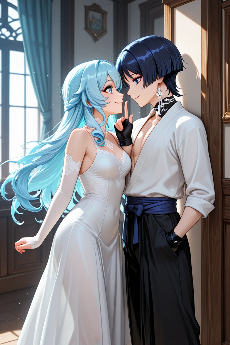NSFW,masterpiece,Highest quality,High resolution,Super detailed,Star Town Suisei\(Hololive\),Blue Hair,One Side Ponytail,Blue Eyes,Small breasts,(High-quality see-through dress,silk),Estrus,smile,blush,(Sweat),Luxurious Room,Party Venue,chandelier,(Middle-aged men),A man puts his hands on her waist and hugs her,Having sex,Insert,Creampie,heart,From the side,Being spoiled,Physical contact