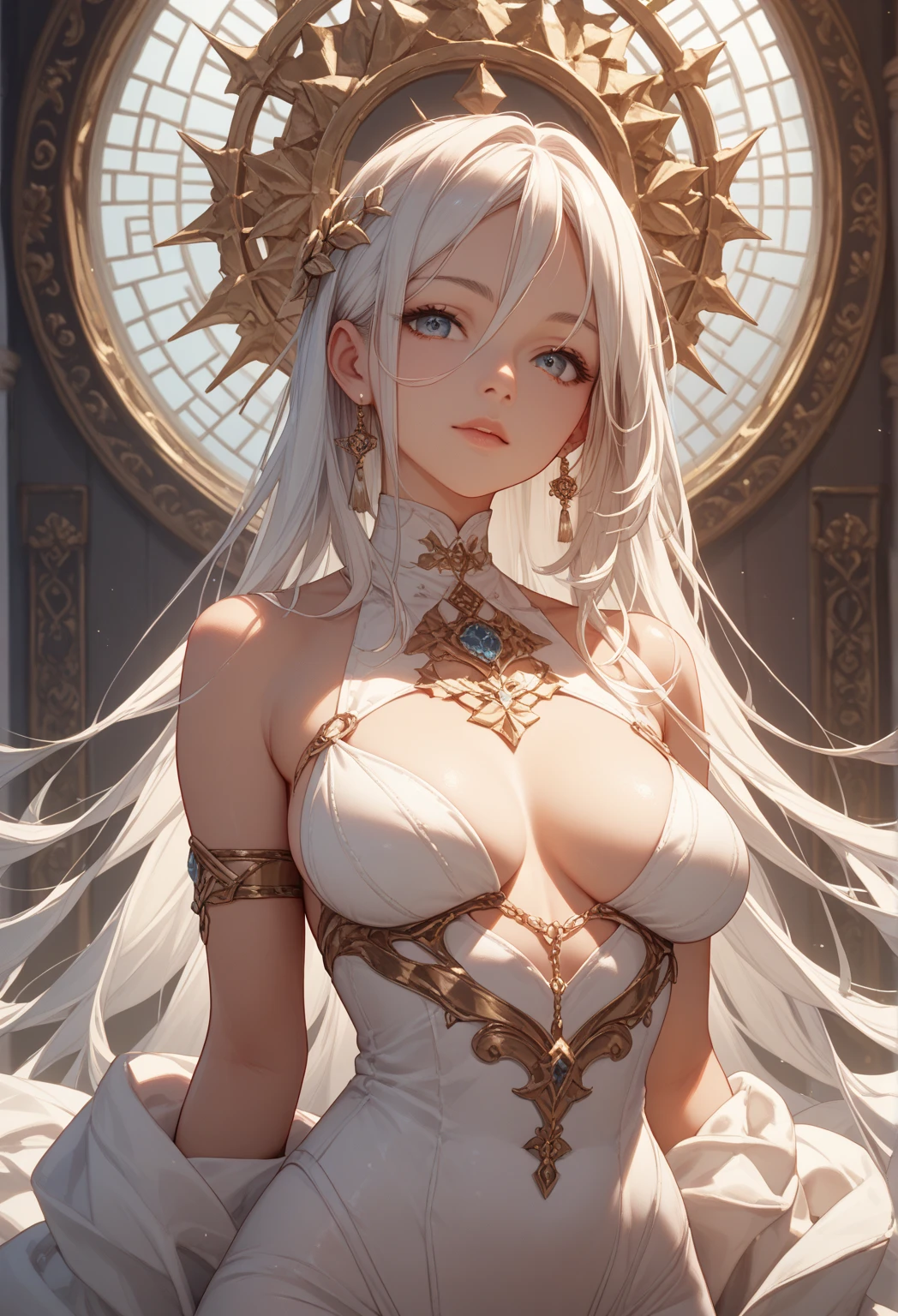 8k,American Goddess Big ,very, very big breasts,White medium bob hair,Baby Face,Close-up of a pretty person in a white goddess costume holding a sacred staff, Cute Fantasy Empress, ((Cute Fantasy Empress)), glamorous.Very detailed, Very detailed , Up to the model | Types of bacteria, Trending on cgstation, Art Station, Gorgeous white cloak,Ultra-high resolution,Ultra-Realistic Skin,Cute expression,Fantasy art,Laughter(Like the real thing),Straight hair,Golden Eyes,Red Gem Earrings,Blue gemstone necklace,Luxury White Gauntlets,Red lipstick,Red eyeshadow,Goddess Makeup,Fighting Pose,masterpiece,Photorealistic RAW photos of the highest quality。Bright colors,Rich colors, Backlight, Cinema Lighting, Film Grain, 50mm lens, Nikon D850,Beautiful expression,Fantasy art,Character Art,View your viewers,Top view,thin body type,White and gold robe,Young girl,Pure white medium bob hair,Accentuate your cleavage,Big breasted American goddess,Circlet on forehead,Perfect hands,Anatomical Hand Shape,