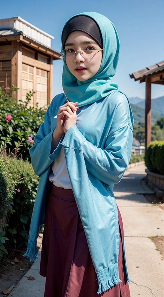 a beautiful Indonesia woman wearing a hijab, long blue Muslim clothing with a picture of a helo kitty cartoon, white shoes and white gloves, hugging a very cute helo kitty cartoon with a very beautiful sunflower garden background 🌻🌻 behind which there is a waterfall