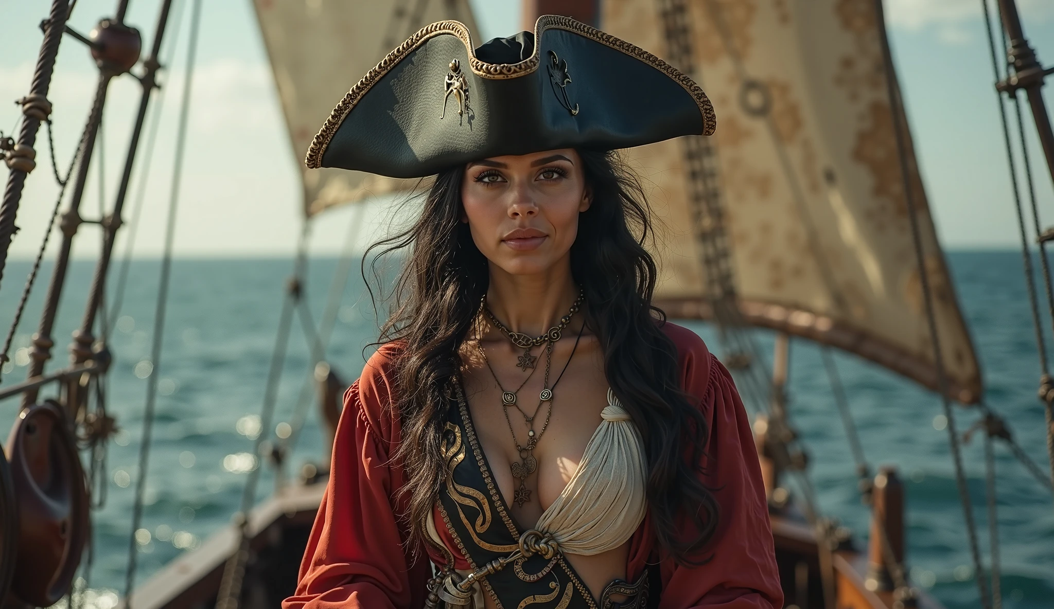 A full body picture of a Female black beard, the pirate a the head of her pirates. best quality, realistic, photorealistic, (intricate details:1.2), (delicate detailed), (cinematic light), clear line, sharp focus, realistic face, detailed face, unity 8k wallpaper, ultra high res, (photorealistic:1.4), looking at viewer