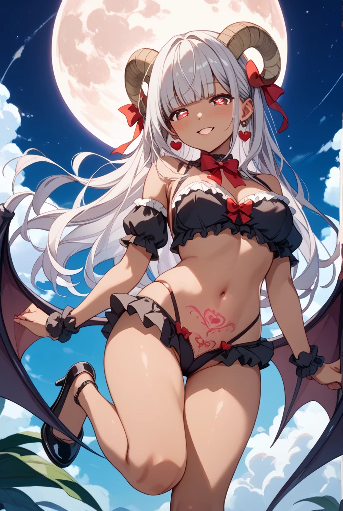 (masterpiece:1.2, highest quality), (Realistic, photoRealistic:1.4), Beautiful illustrations, (Natural side red lighting, Cinema Lighting),nsfw , View Viewer, 1 girl, Japanese, Perfect Face, Cute and symmetrical face, Shiny skin, (((Giant Breasted))), Wearing silver frame glasses, (Long Hair, Straight Hair, Disheveled Hair, Gray Hair), Brown eyes, Long Eyelashes, (Huge breasts, Thick thighs、Nipples), Headbands Beautiful Hair, Beautiful Face, Beautiful fine details, Beautiful clavicle, Beautiful body, Beautiful breasts, Beautiful thighs, Beautiful feet, Beautiful fingers, full nude, Hair Ribbon,((((Large sheep horns on the head)))、 ((With large bat wings)),(Stomach tattoo)、((Lifting the chest from below with your hands))、pussy, (Beautiful views), (((Midnight, Shining big red moon))),(Ancient City), Sit with your legs apart, (smile),Silhouette of a wolf howling at the moon、