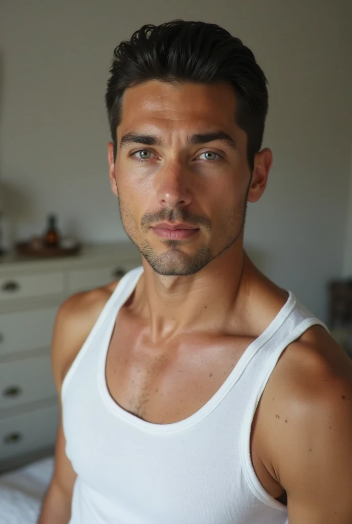 perfect italian man, wearing, posing, smile, view on the mountain from balcony, short hairstyles light hairin on the mountain from balcony on character's face