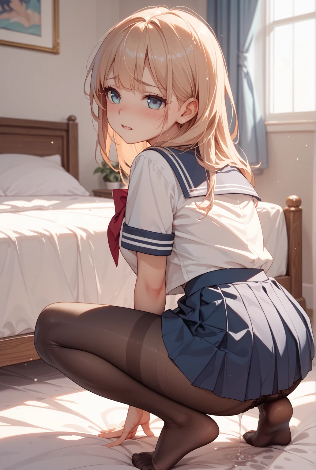 masterpiece, best quality, 1 woman, detailed beautiful face, (nsfw), ((having sex)) French braid, wet skin, shiny skin, orgasm, drunken eyes, in the room, on a bed, white blouse, (deep-blue pleated skirt), ((sex from behind)), bent over