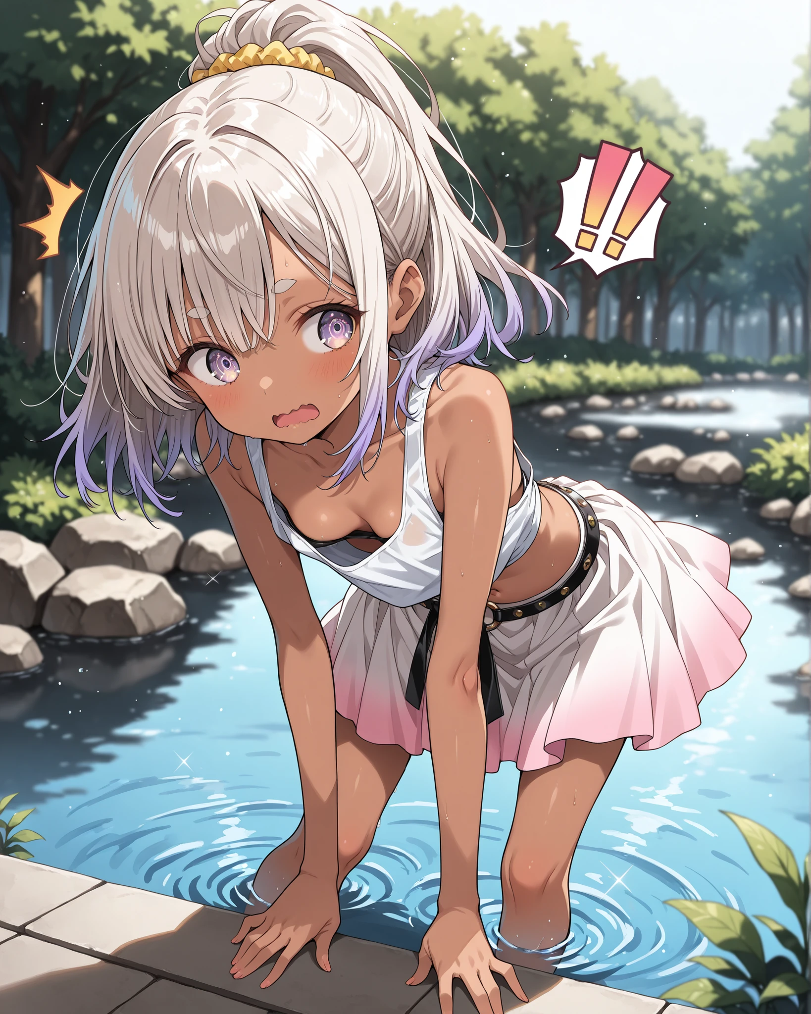 ((Masterpiece)), ((best quality, amazing quality)), ((very aesthetic, absurdres, newest, detailed background)), ((detailed background, negative space, blurry background, depth of field)), (wide shot), (cinematic lighting), ((1girl)), (cute young girl), ((brown-skinned)), (Healthy Gaunt body, Textured skin, small breast, cleavage, tilt head), Glossy hair, (Choppy bangs, long side bangs), (medium hair, platinum-gold hair, high ponytail, gradient hair), ((!!, ^^^)), (surprised face), wavy mouth, open mouth, (@@, pale purple eyes, glitter eyes, gradient eyes, averting eyes, looking at side), big eyes, (short eyebrows), glossy lips, pouty lips, (lower eyelashes), BREAK, ((loose pale pink cool croptop, sheer croptop, low-cut armhole, downblouse, slightly exposed cleavage), dark gradient medium skirt, O-ring belt, Beautiful collarbones, ((sprawled out, panicking pose)), cute navel, (contrapposto on the paved pond, bare calves, Ankles submerged in water, shallow pond, wavelets), (reflection:1.4), outdoor, sultry, Beautiful townscape, wind blow, 