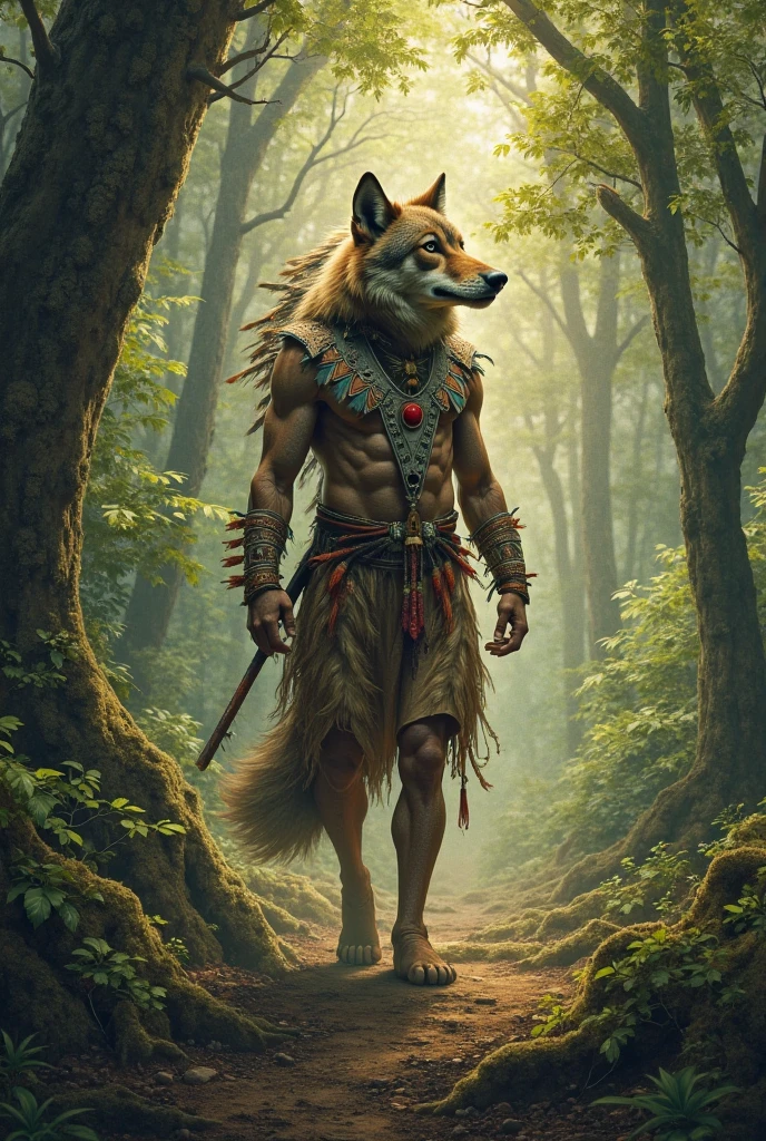 Male, Anthro, maned wolf, angry eyes, tribal vests, holding spear, detailed background, savanna background, dusk, (by blotch)