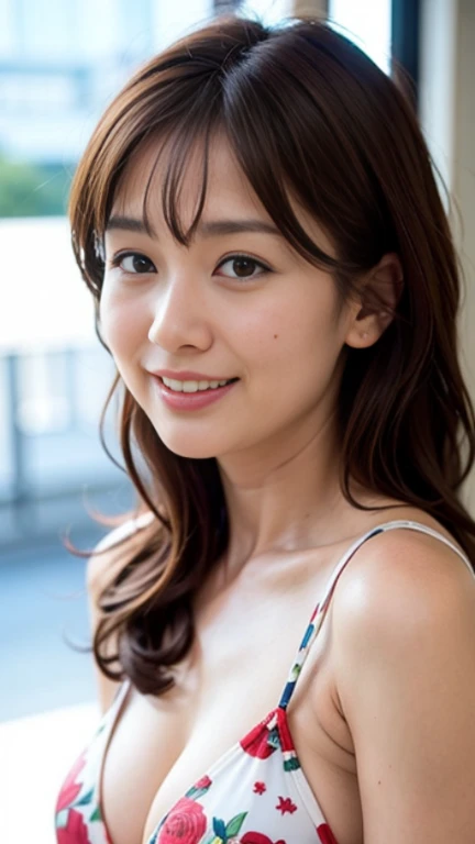(8K、Raw photo、highest quality、masterpiece:1.2)、(realistic、Photoreal:1.37)、super detailed、Super high resolution、1 girl、see the beholder、beautiful and detailed face、laughter、narrow、(slim waist) :1.3)、Beautiful and smooth skin、skin texture、floating hair、professional lighting、human body as a whole、Wearing a silk slip nightdress、cleavage、children's room, Morning sun shining、bed、No makeup、Odango hairstyle、E cup、smile、21 years old、Angle from diagonally above、big smile