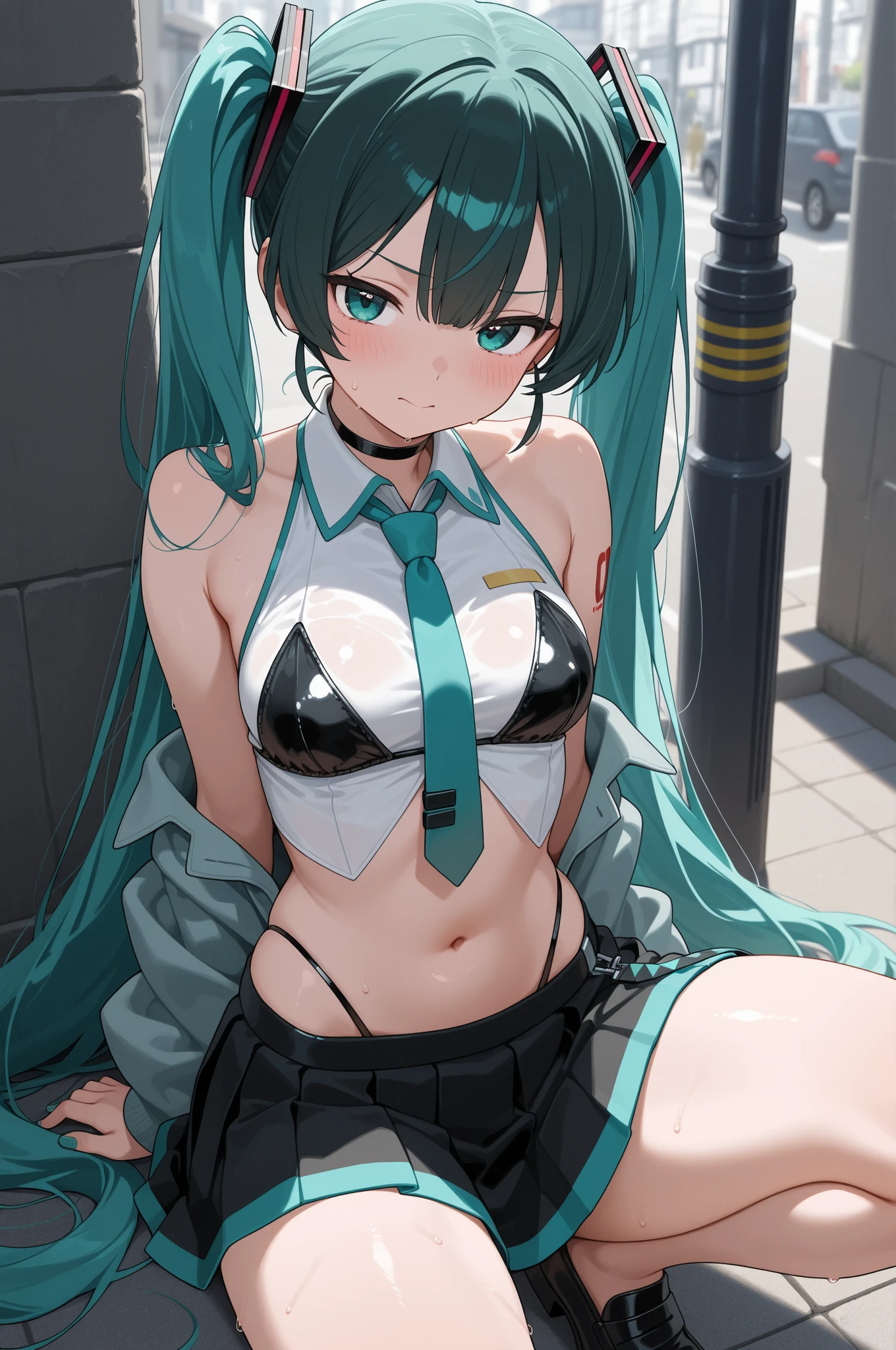Busty girl dressed as Hatsune Miku exposes her nipples and pussy