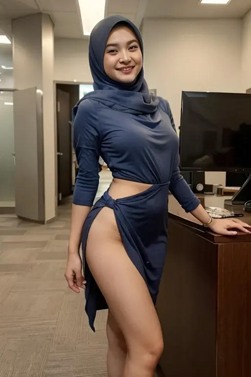 Malay girl in hijab,nude,no clothes,no sleeves,full body, office background,showing butt,varied poses