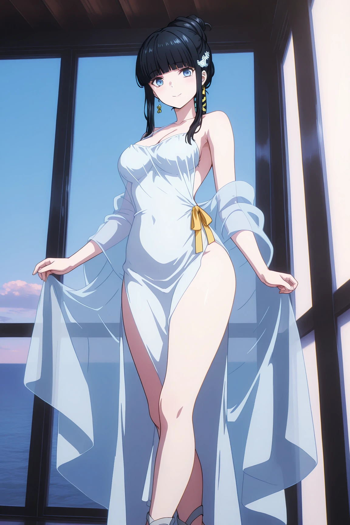 score_9, score_8_up, score_7_up, best quality, masterpiece, source_anime, anime screencap, one_piece_wano_style, clear face, 1girl, solo, black hair, elegant short hair, brown eyes, large breasts, bodysuit white, one-piece dress, black mini skirt, clevage, outdoor, smile, looking at viewer, Waders, Bare thighs