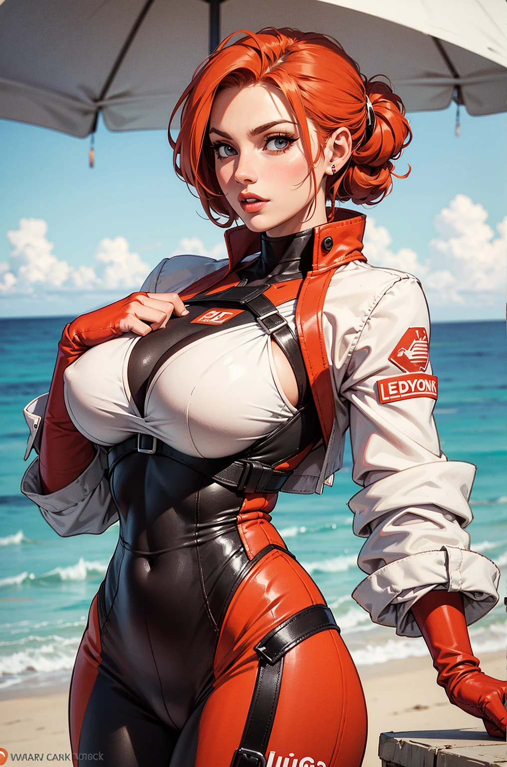 gwen tennyson,tracer,android 18,jill valentine,tomb raider,overwatch,1girl, close up,mecha pilot,ocean view,rose and white plugsuit,hair pin,pirate corset, steel long sleeve lycra top,orange leggings,short hair,cute makeup, green eyes,silver and golden hair,shy smile,freckles,redhead,beautiful girl,large breasts,ultra detailed,realistic,fantasy art,military uniform,police uniform,pilot scarf,pilot jacket,wet shirt,battleship, Big mouth, big breasts, big vagina, Hard hole, Clear vagina, open legs, Don't wear any clothes, You masturbate 