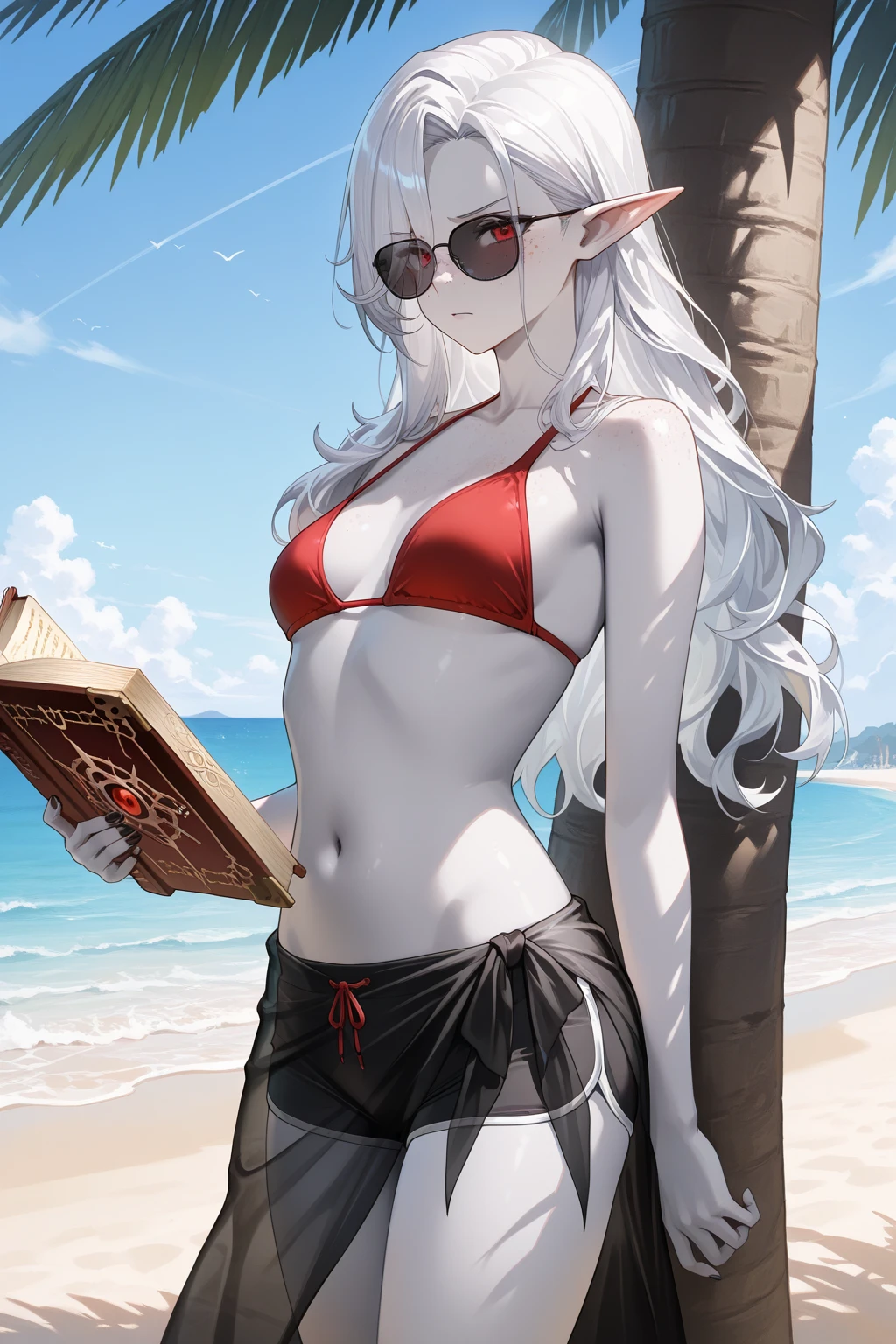 ((highest quality)), (Very detailedな), ((Very detailed)), (beautiful), ((pretty girl)),(Two Side Up Hair).,Platinum Blonde Hair,Long Hair, Hair between the eyes, Wavy Hair, Long sideburns,jade eyes, White skin,Normal breasts,slender body,cross halter bikini,sandals,At the Beach,Are standing.look camera