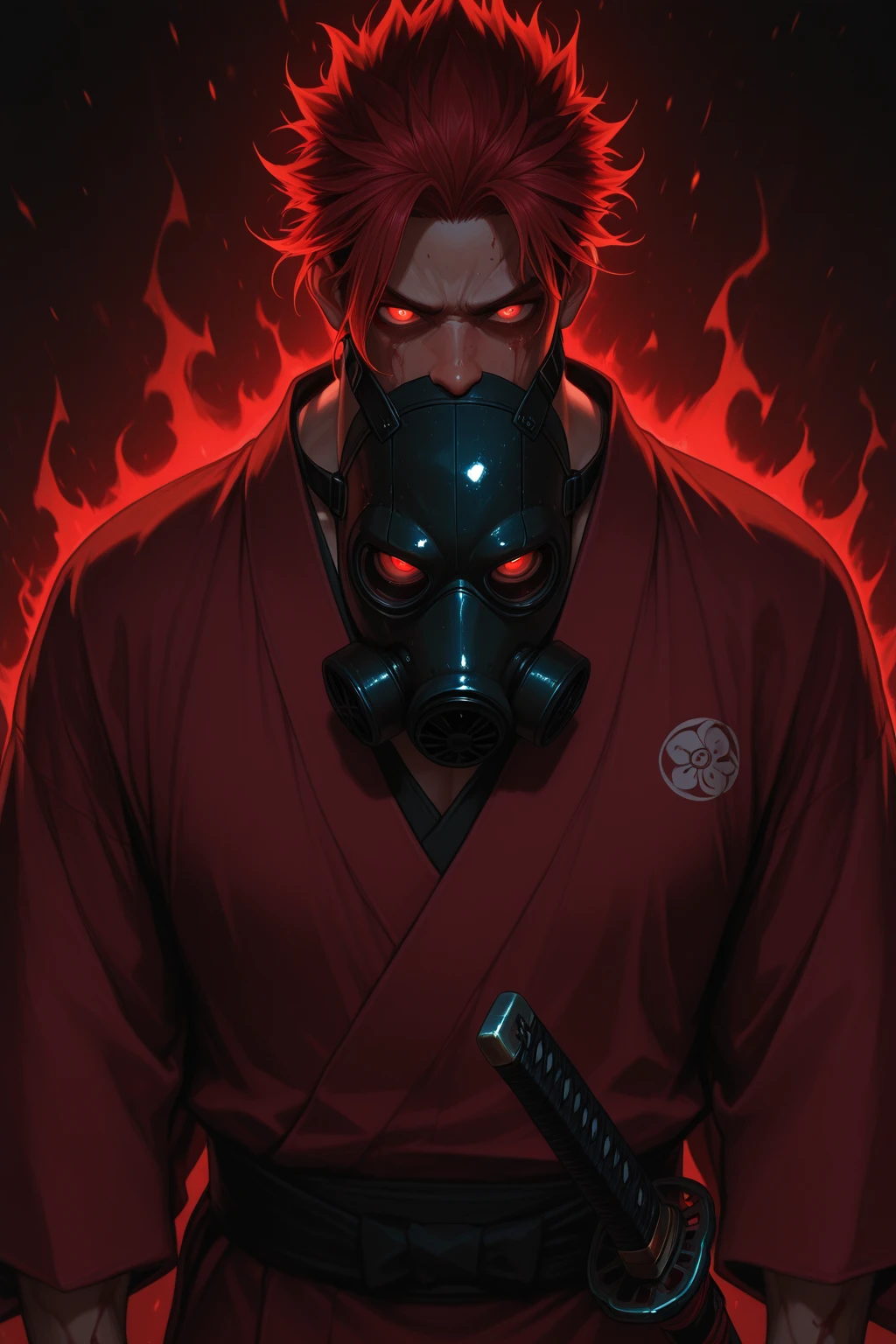 (best quality, highres, ultra-detailed, realistic:1.37), close-up portrait of a handsome man, with bright, shining red eyes emitting a black smoke-like aura, cat-like black pupils, spiky snow-red hair that is highly defined and super detailed