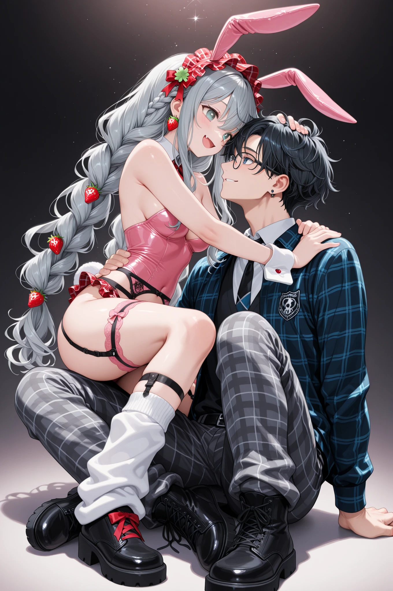 high quality,Best Quality,masterpiece,4k,8k,(((niña naked))),eighteen year old girl,great figure,big breasts,plague pink bow tie,looking at the viewer,light blue fur,Pale pink inner hair color.,shoulder length twin tail hairstyle,headband with white rabbit ears,(()),blush,(at casino),grab four cards,lean on the casino table,naked,((Next to a  10 year old boy height 1.50cm Jet Black Messy Hair,black eyes,[black t-shirt, Checkered flannel pants, black converse],Kissing her neck and having sex with her, abusing her,Raping her to have sexual relations,Caressing her breasts and kissing her neck,having sex with her