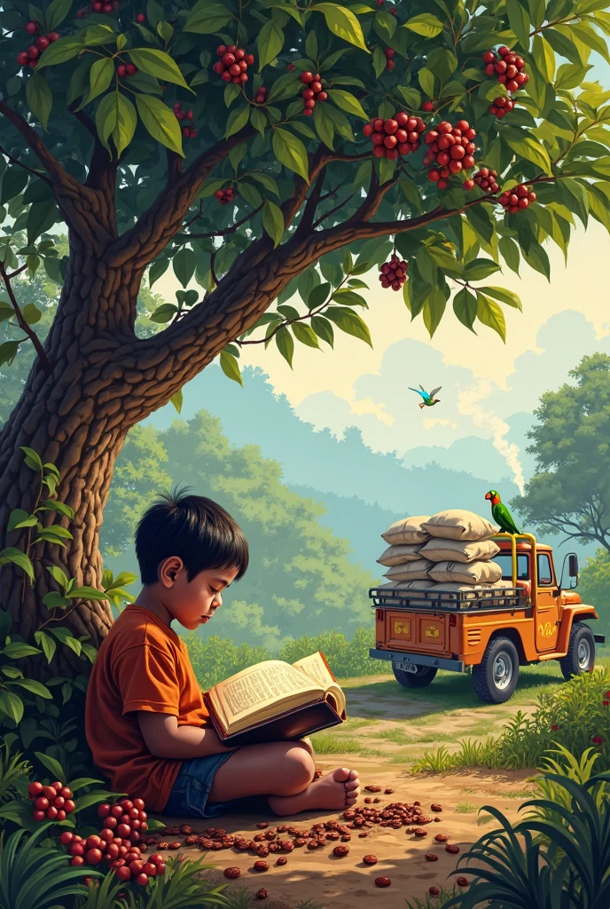 The boy is an emerging robot, with a robot friend blue shorts, camisa vermelha, Robot semi-appearing, boy meets the robot, 6 ANOS DE CABELO LOIRO, do not wear glasses, with possessions and expression with a book in his hands, para um livro infantil, Bottom in a junkyard of robots and cars, a sunset at 3 o'clock in the afternoon, green trees and blue sky. COMO FUNDO BONITO, PARA UMA CAPA DE LIVRO. 92048X1080)