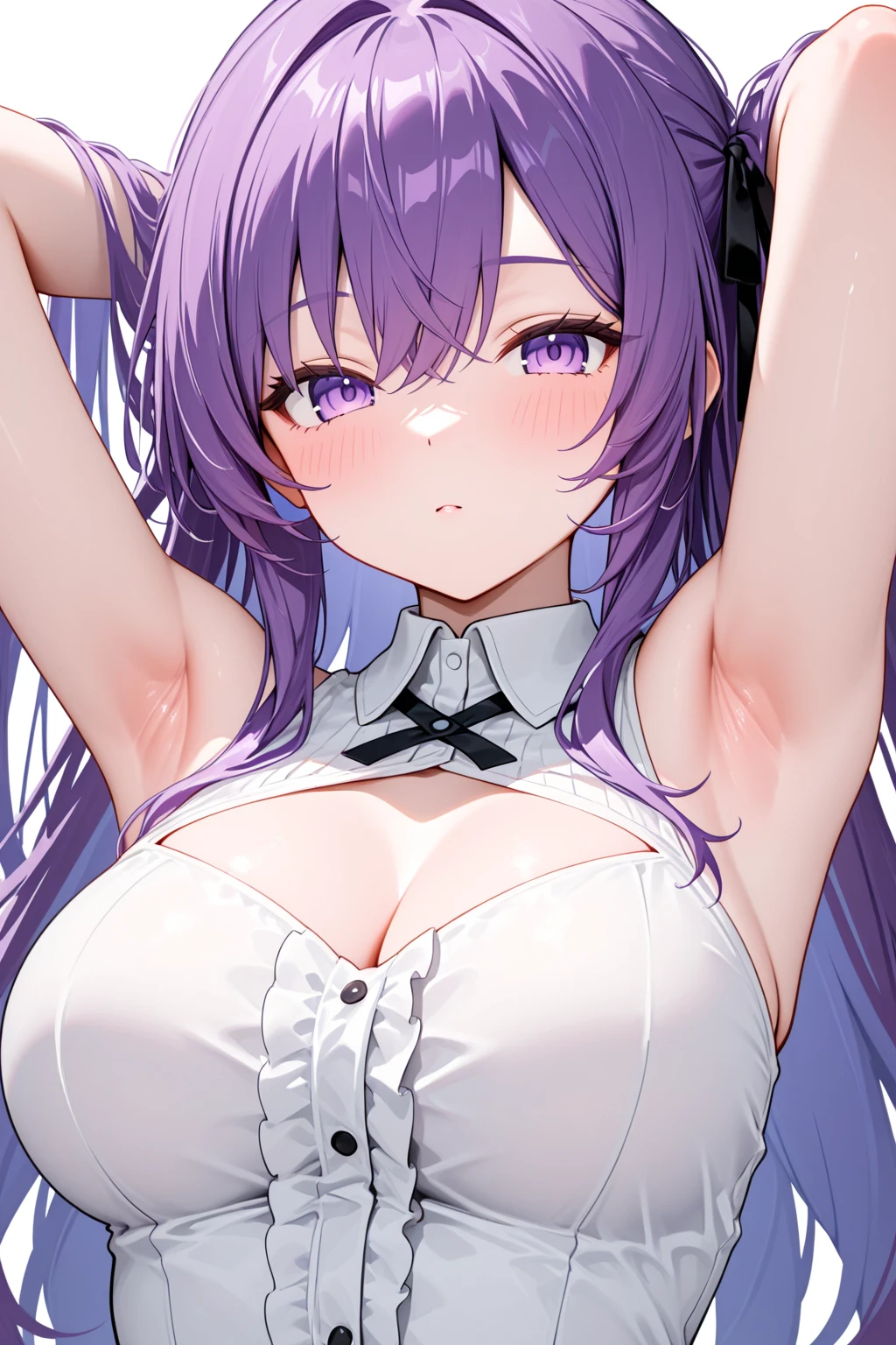 1girl, solo, long hair, breasts, looking at viewer, blush, bangs, blue eyes, large breasts, simple background, shirt, long sleeves, white background, navel, cleavage, bare shoulders, closed mouth, underwear, purple eyes, collarbone, panties, white shirt, purple hair, thighs, cowboy shot, off shoulder, white panties, two side up, parted bangs, halo, no pants, yuuka \(blue archive\),yin (darker than black)