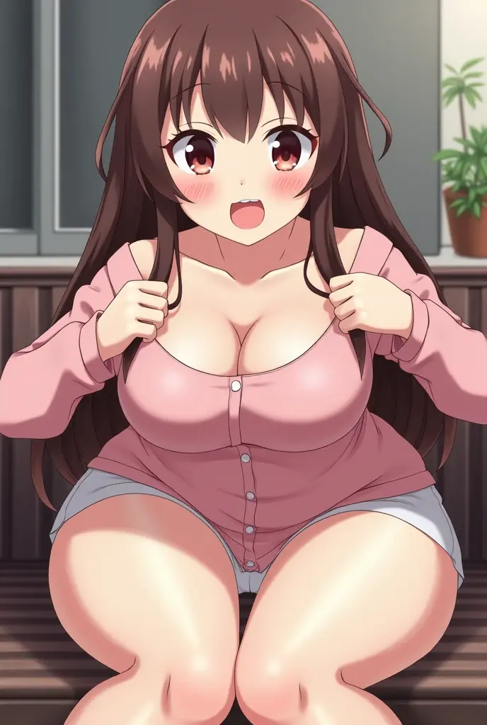best quality, ((huge tits)), (half nude), (pussy), (busty), bedroom, (masterpiece:1.2), (nipples), highly detailed, 1girl, kotegawa nanaka, looking at viewer, smile, open mount, black shirt brown eyes, brown hair, long hair, open mouth, squat pose, open legs