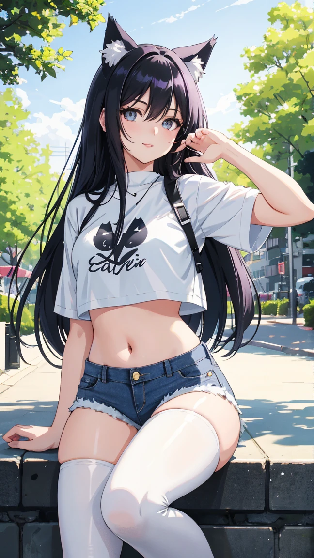 Cute girl standing, (One girl:1.3), bangs, Absurd, Bracelet, Exposing shoulders, ( Black T-shirt + deep green parker +dark navy jeans),Super detailed, blue eyes,thin, Amazing technique, joint, Long Hair, Animetic, alone, Black Hair, high quality, masterpiece,detailed dimly lit forest、Grey Sky、haze、(Nice big breasts + Wide Hips),[Wide Hips] Put your hands in your pockets、smile、Open your mouth、smile with white teeth,beautiful girl, Detailed aspect, Hands on the details, Sexy look,around fresh nature and vivid flowers. --automatic