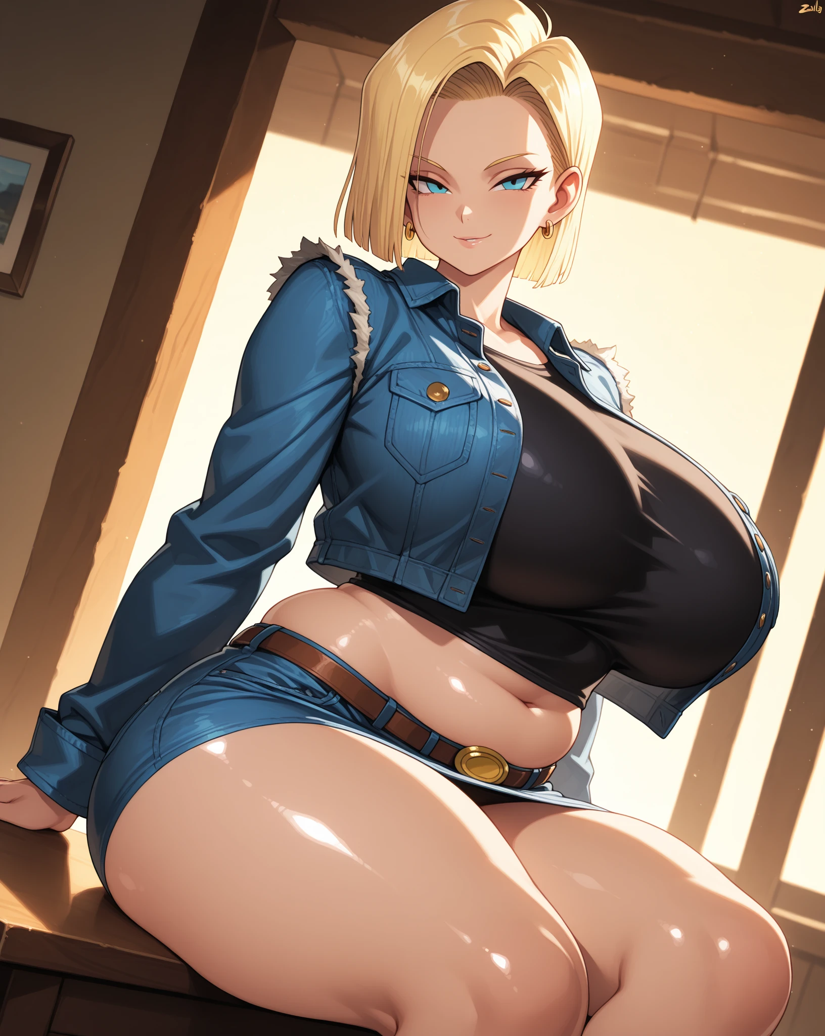 1 mature woman, blonde, long hair, black police hat, white tank top, transparent breasts, visible belly button, torn denim shorts, crotch emphasis, one knee up, inviting gesture, bedroom