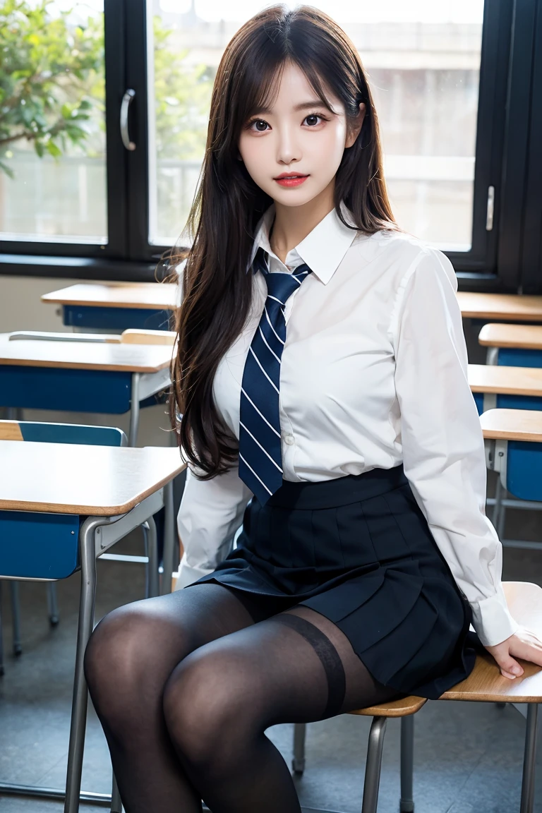 masterpiece, top quality, ultra high definition, colorful, flat color, depth of field, lens flare
1 girl, sitting, black hair, watching viewer, school, classroom, sheer white pleated mini skirt, black pantyhose, detailed touch, no blouse, beautiful detailed face, 30 year old beauty, adult atmosphere, bra, exposure