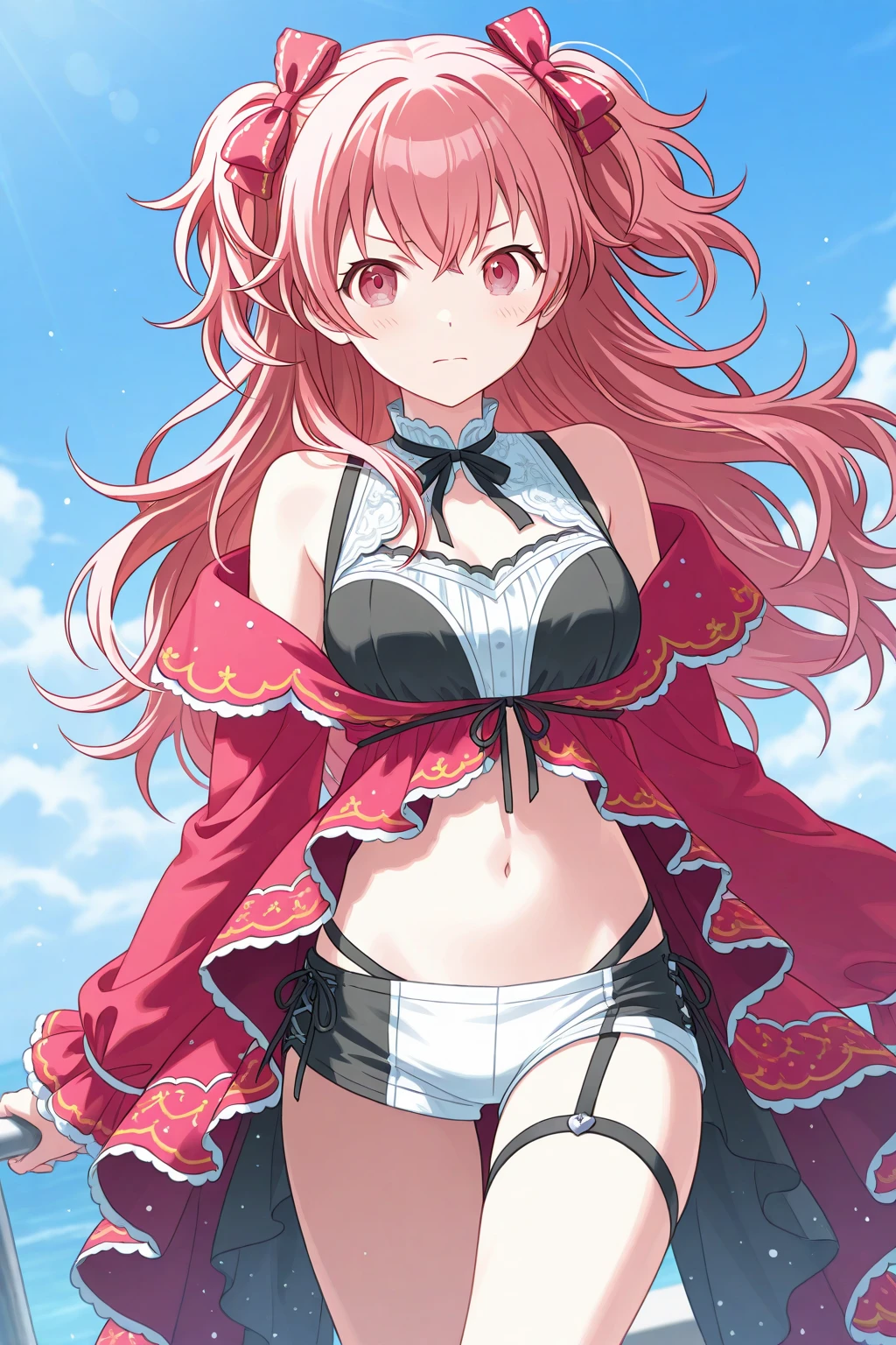 (masterpiece, 4K, Best Quality, Anime style: 1.9, bold drawing lines, High color saturation, Detailed face, tall, Adult Woman, lovely, (cloud background), Drawing lines, high resolution, Anime, lacus4), 1girl in, Solo, curvy figure, Long hair, 鎖骨, scapular, Wavy Hair, Detailed wide hair bangs, Hair Ornament, Detailed reddish-pink hair, cleavage, large hands, Big blue eyes, Smile, closed mouth, very slim belly, Very happy, closed fists, (laughing, open mouth), ((medium breasts)), (wrestling cloth), elbow pads, strong arms, biceps, rib lines, high ponytail, long belly, lip stick, (lean forward)