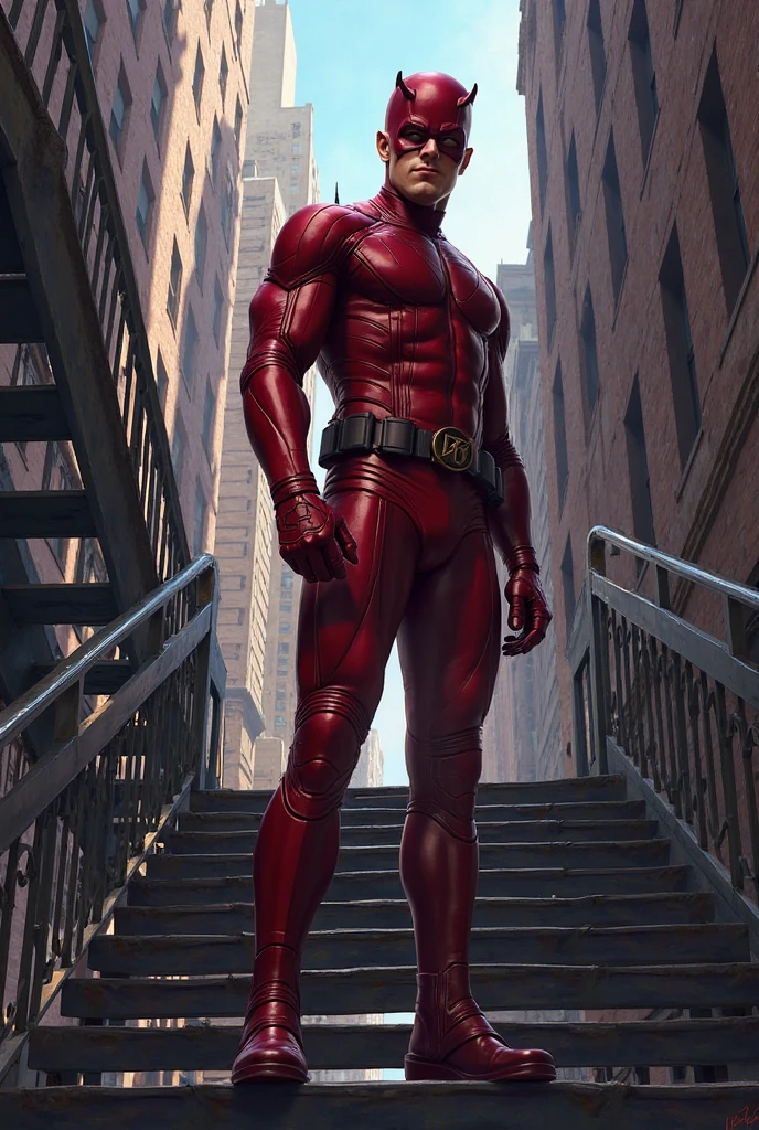 A super hero wearing red costume and wearing black mask look stylish wearing a bag on backside and shoes colour white with small rocket for flying standing on roadside and his main power is in his bag 22 year boy with medium size body eyes are visible and medium hairstyle