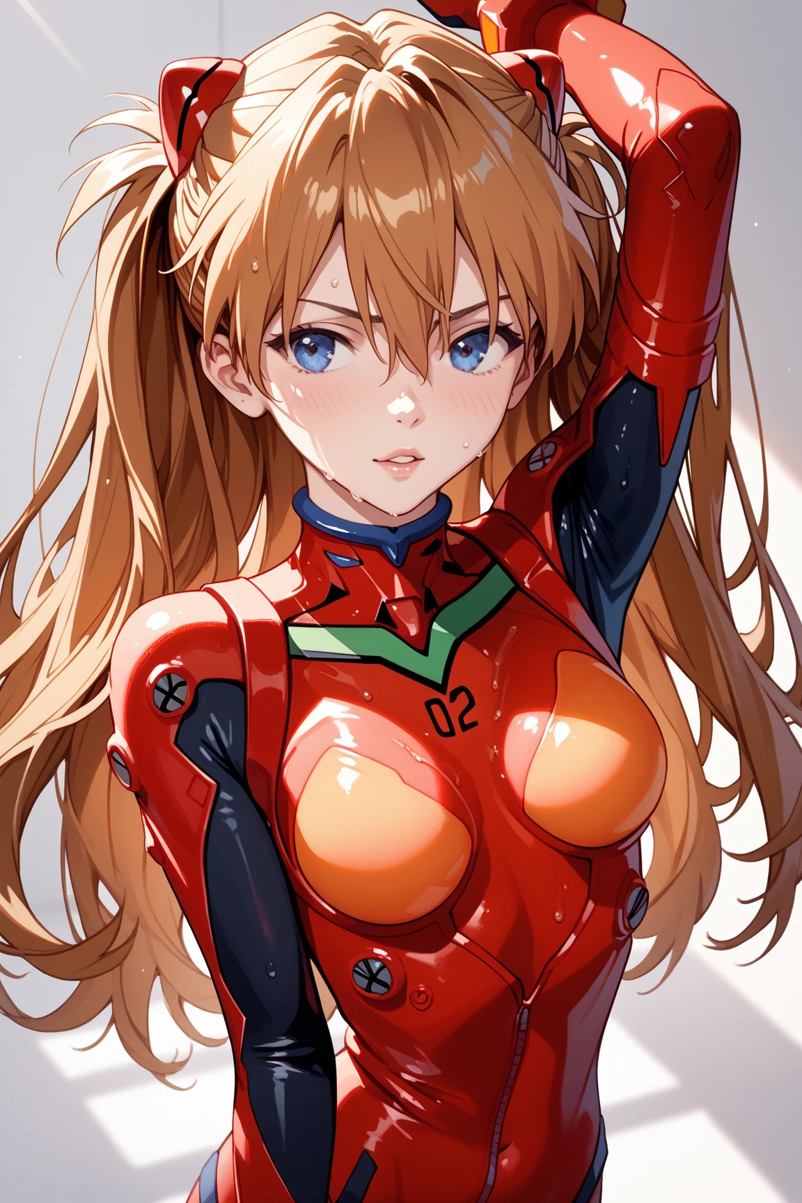(highest quality, High resolution:1.2), 1 girl, detailed and beautiful eyes,EVA Asuka、Soryu Asuka Langley、dense and beautiful lips, highly detailed eyes and face, long eyelashes, Moderate:oil, Bright colors, HDR, studio lighting, Ultra-fine painting, sharp focus, Physically based rendering, extreme details, portrait, curved body, big breasts, perfect shape, show your armpits, Face-to-face audience, sweaty, nice, Raise the hand, Half-body photo, displayed in full frame