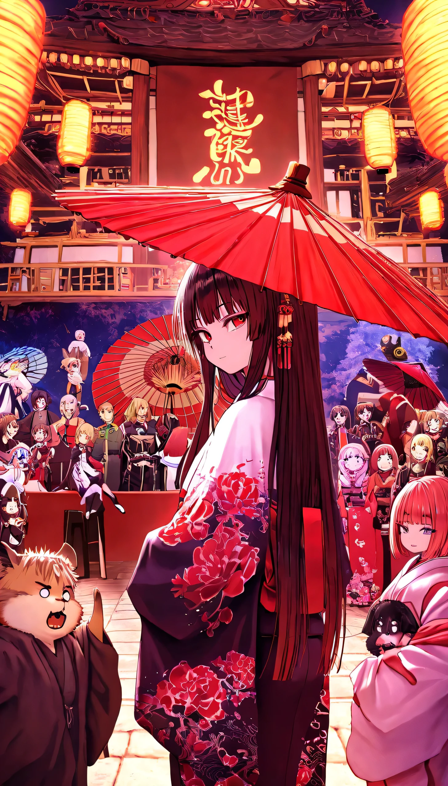 obra-prima, alta qualidade, alta qualidade , mangas, noite,chuva,ao ar livre,Brilho,Stop looking at the spectator
A Girl, sozinho, quimono, cabelo longo, cabelo preto, luxurious embroidered quimono , casa cortada, bang, blunt bang, joias, black quimono, olhos vermelhos, BREAK
Standing ,look back,guarda-chuva, red guarda-chuva, oil-paper umbrella , bangasa