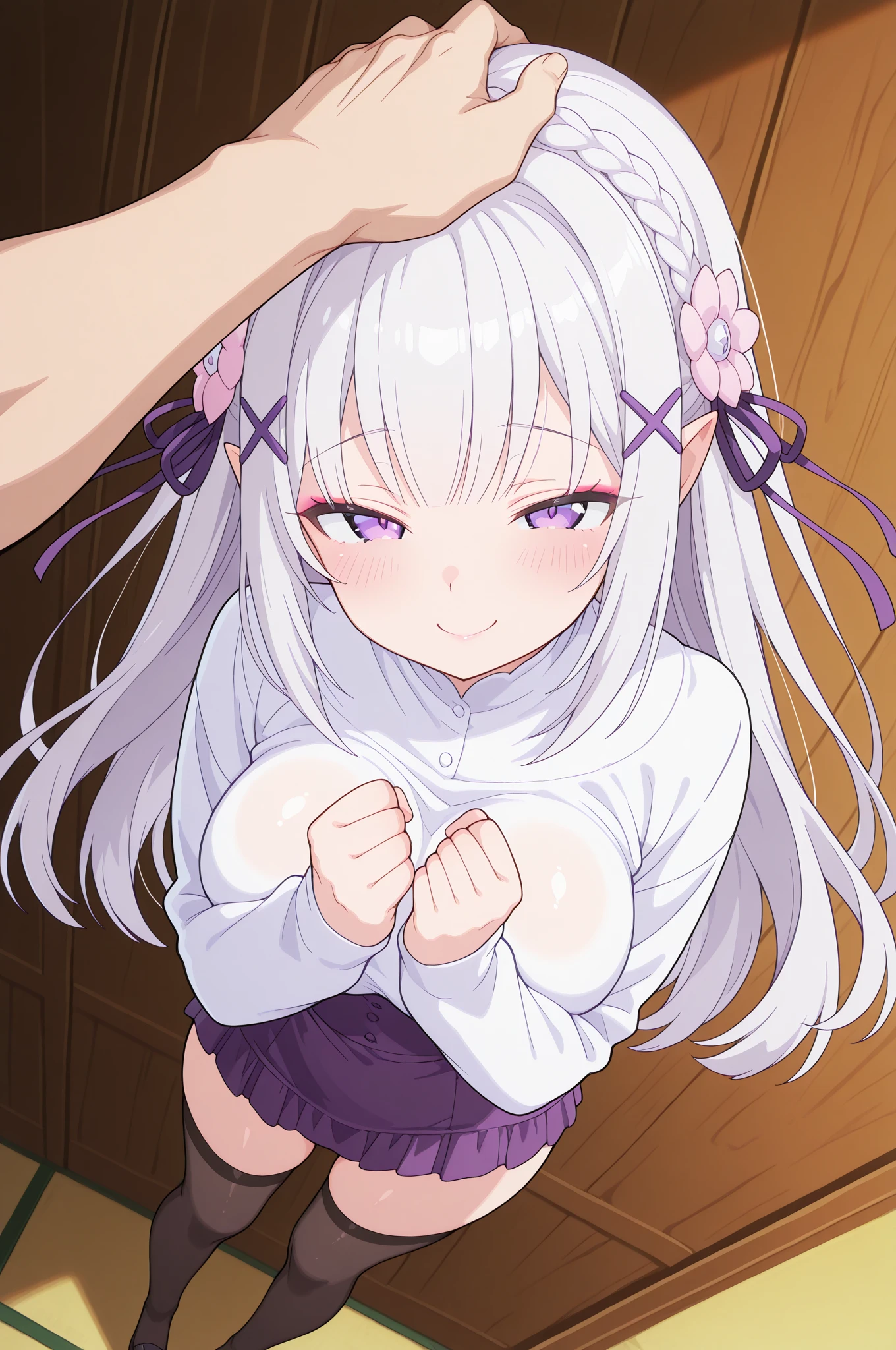 teenager girl,drop sweat,(add_detail:1.4), (more_details:1.2), (((1girl))), soft features, perfect hands, perfect fingers,one side up, hair ornament, white hair,short twintails,purple eyes,ear,shy red cheek, :d,cute fang, Beautiful detailed gemological eyes, jewel-like eyes, (slim body), ((grab:1.2)), ((flat_chest)), (8 years old), smiling, ,nude ,pussy juice nsfw in front