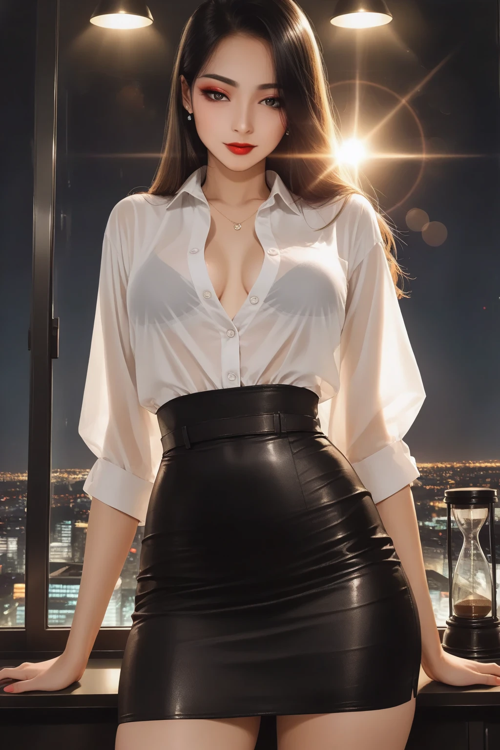 (8k, RAW photo, best quality, masterpiece:1.2), (realistic:1.3), (photorealistic:1.3), ultra-detailed, (high detailed skin:1.2), 8k uhd, dslr, soft lighting, high quality, film grain, Fujifilm XT3, best quality, beautiful lighting, beautiful business woman, pink long hair, walking and looking to the distant, looking away from viewer, tight mini skirt, black leather skirt, high heels, tie, thick thighs, open shirt, open white shirt, white shirt, show cleavage, sexy legs, beautiful legs, shinny legs, elegant legs, elegant woman, beautiful eyes, pink contacts, sexy cleavage,