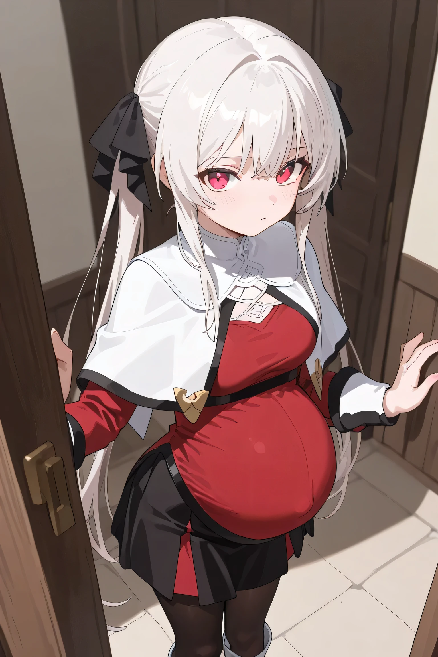 (Best quality, 4k, 8k, high resolution, masterpiece:1.2), ultra detailed, intricate details, beautiful girl, SOLO, alone, long white hair, bangs, red colored eyes, small-medium breasts, perfect smooth skin, peeking at viewer, head tilted, (Pregnant:1.0), black ribbon hair, twin hair ribbon, red fitted top, white capelet, short black skirt, black stockings, white boots