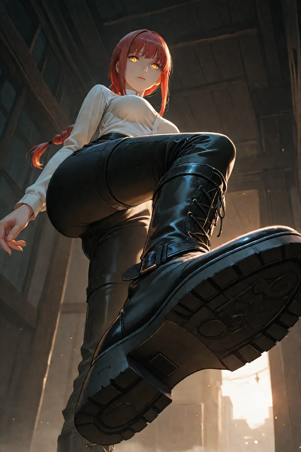 "A towering Giantess in a cool and laid-back hippie style is rocking a crop top and baggy pants. Her toned and athletic build hints at her massive strength. She seems to be casually strolling through the bustling cityscape of GTS City, as towering buildings loom overhead. Smoke and clouds roil around her, adding to the sense of epic scale and drama. The lighting is dark, gloomy, and realistic, creating a tense and ominous atmosphere. The perspective is from below, emphasizing the sheer majesty and power of the Giantess.Red eyes,black wavy hair with red highlights"