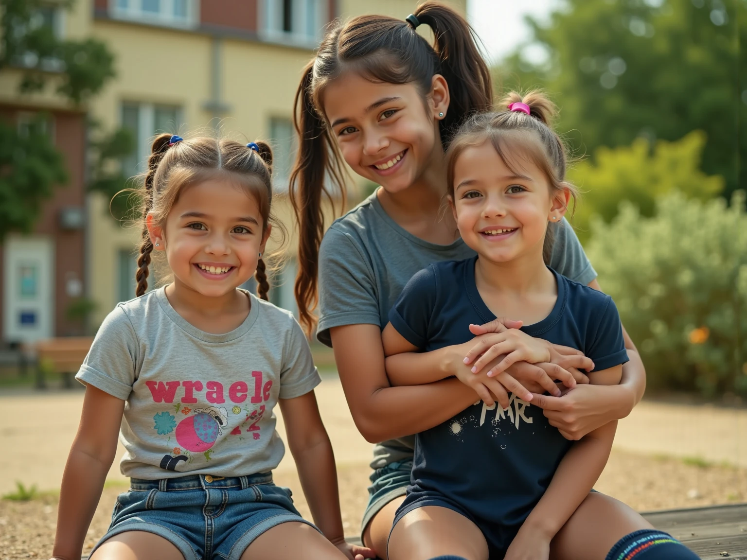 two little girls sitting in a square, one brunette and the other blonde