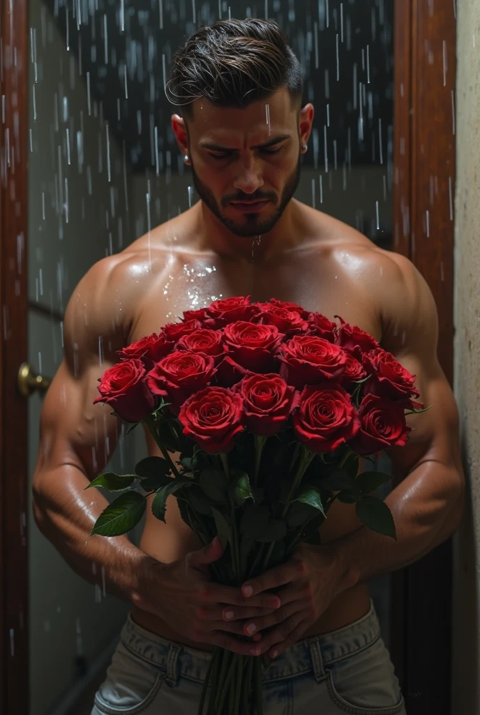 ((realistic photo)), handsome guy, 20 years old, wearing nothing completely naked,correct looking penis, well-shaped penis, smooth penis and balls , revealing his huge muscular thighs, carrying a red rose ((raised in front of his chest), sculpted body, Korean hair, sharp eyes, perfect face, perfect body curves, sculpted muscles  , facing forward. Roses in background, Location of the Greek kingdom.