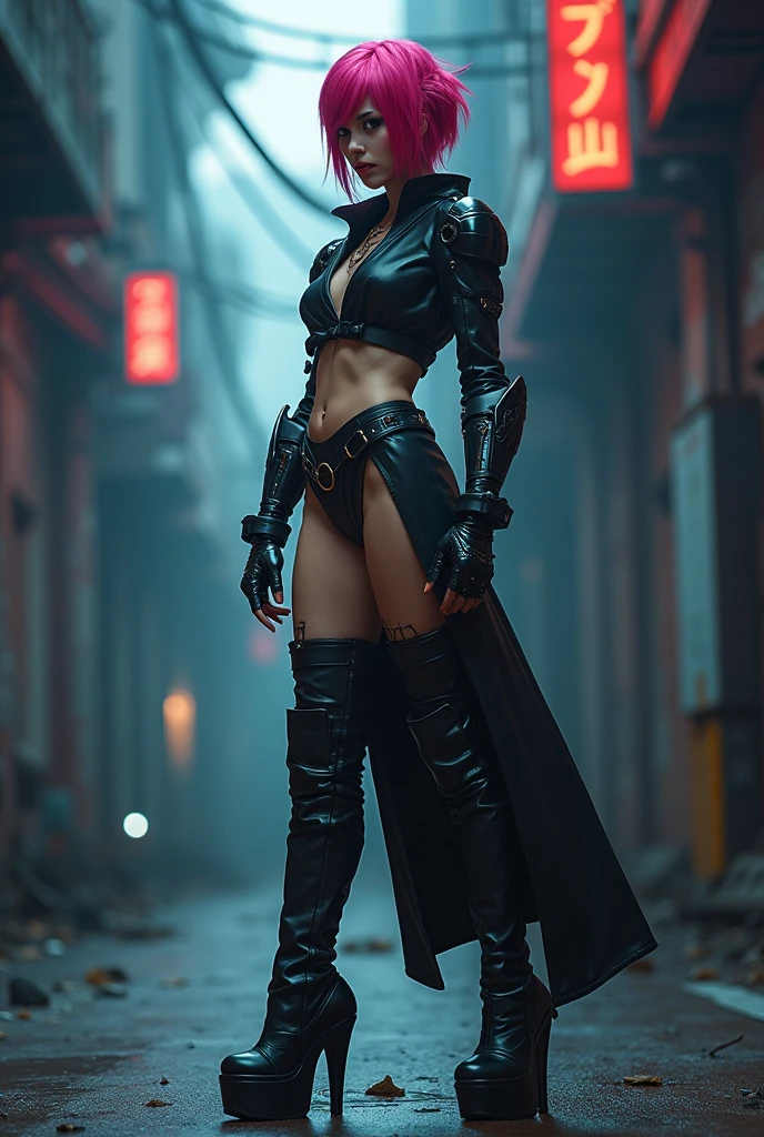 (((Full-length shot))),((Best quality)), ((masterpiece)),((full height)), (detailed),muscular build and medium breasts .., wears an open black leather vest.., black leather gloves, a short skirt and heavy boots. She has a punk rock look.Hyper-realistic close-up photo of Rose Wilson DC, blue eyes,(Photorealism: 1.4), Create dystopian masterpieces. Post-apocalyptic world. Pay attention to small details, sharp focus. The palms of the hands are clenched into fists.