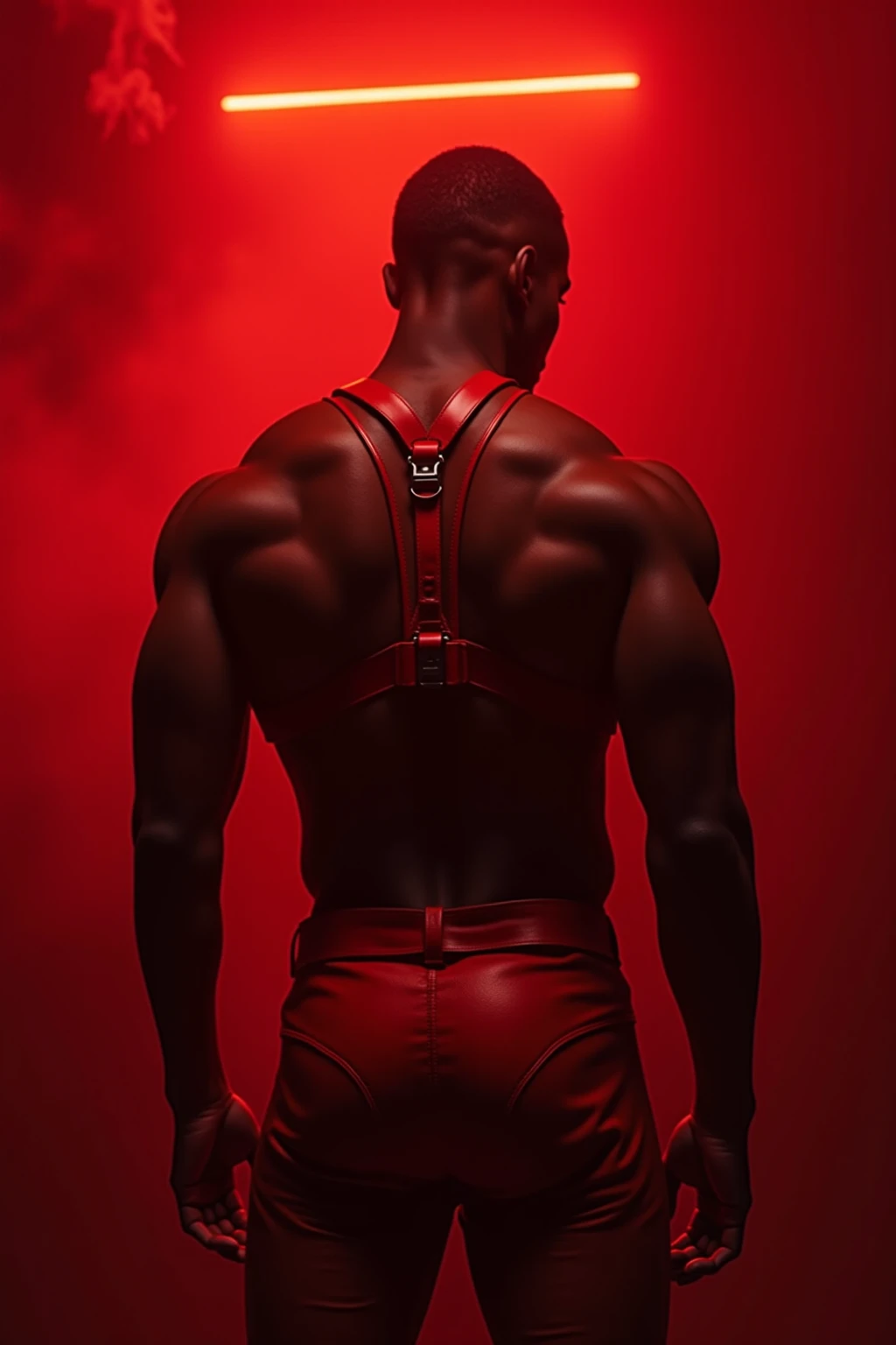 Fullbody standing picture of white skin Handsome muscular horny nude sexy gay man wearing sexy shiny maroon latex harness, shiny black Disconnected Pompadour oiled hair style, blue eyes, shiny varnished vinyl shoes, red lip, chain, tattoos, horny, cum shot, sperm, milking penis, very big penis, very big testicle, shiny oiled skin, orgasm, oversexed, masturbation, standing at lighting room.