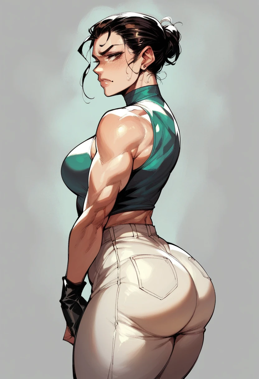 (incredibly beautiful full body photo, standing, (((bright eyes))), good anatomy, perfect hand muscular legs))), thin waist, muscular abdomen, wearing black high heel shoes, (((with her back to me showing her big shapely ass to me)))