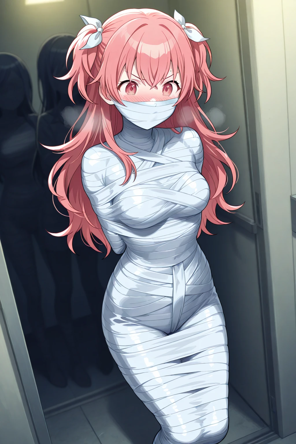 (best quality,4k,8k,highres,masterpiece:1.2),ultra-detailed,(realistic,photorealistic,photo-realistic:1.37),girl,beautiful detailed eyes,,gorgeous,pink messy hair ,long satin dress,harem girl,breathtaking scenery,romantic atmosphere,delicate touch of sunlight,glowing candles,splendid chandelier,whispering wind,faint fragrance of flowers,touch of elegance and charm,emotional connection,passionate love,kissing,captivating moment,surrounded by loved ones,joyful celebration,happiness and bliss,memorable occasion,eternal love,beyond words,fairytale-like,unforgettable memories,forever in their hearts, (gagged:1.4),(blindfold:1.3)