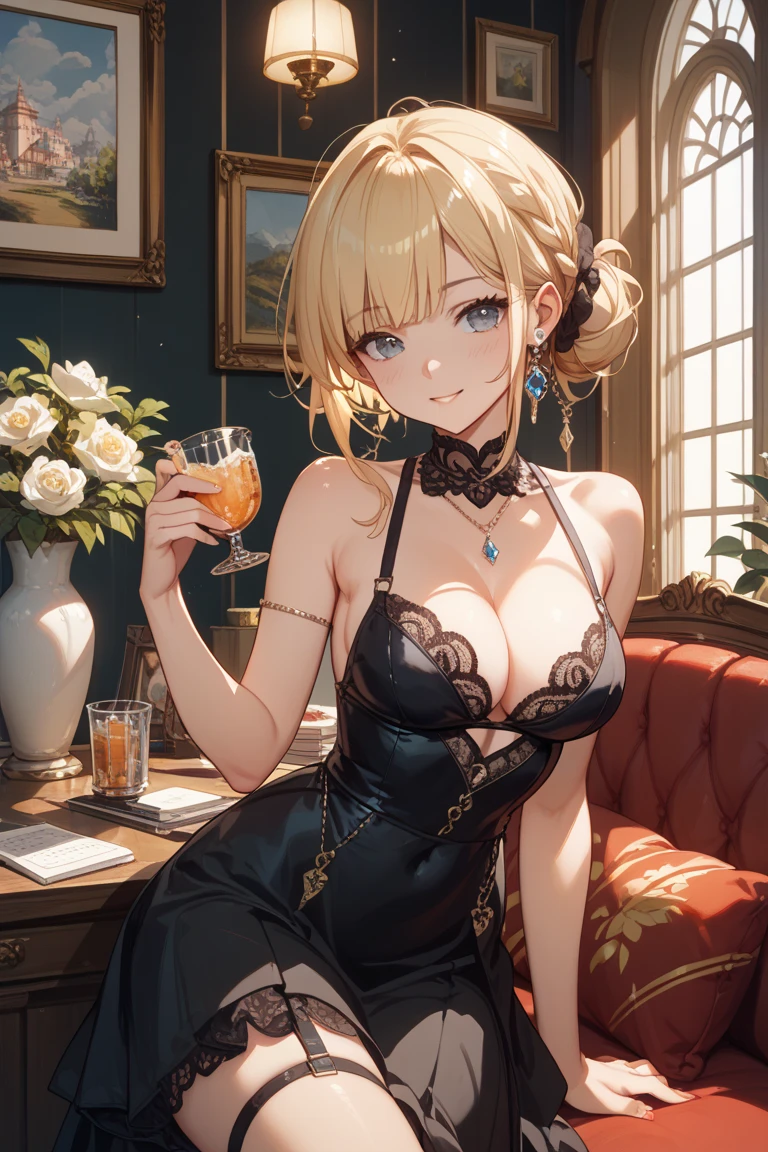 (8k、Best image quality、highest quality、masterpiece)、Detailed face、((Dimly lit room and attractive girl ))、Blonde hair color with blue layers、Sparkling eyes、shiny bright blue eyes、Wicked Smile、((Grin))、((Big Breasts、Big cleavage))、((hostess、Hostess、Nightclub、Bodycon、accessories))、Cowboy Shot、Girls Bar、Japanese cabaret club background、(Knowledgeable person、Shiny skin、Oily skin)、Written background、Large red leather sofa、Small glass table、Champagne glasses、Champagne bottle、Champagne Tower、Drunken girl、Adult female、21 year old gal、Thin face、Cute Smile、Girl、A woman sitting on a red sofa、