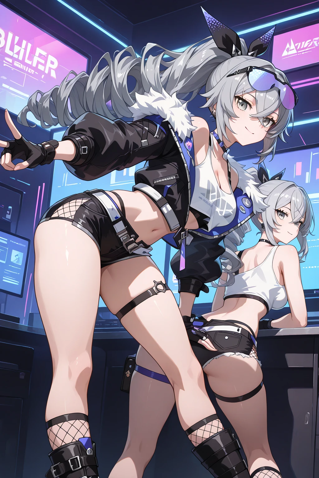 Highest quality、super high quality、16K, topless、Nipples、Tasty ass、Facial expressions are random、The location is a circuit、 Hair color is silver hair、The pose is random、The distance is random、The angle is from the top、Small face、Very delicate facial expressions、Delicate eye depiction、Highly detailed hair、Erotic、18-year-old female、Glowing Skin、Soft Skin、The only sexy Japanese woman、Race queen outfit random、Sexy ass、The focus is on the butt、Sexy crotch、2 women、