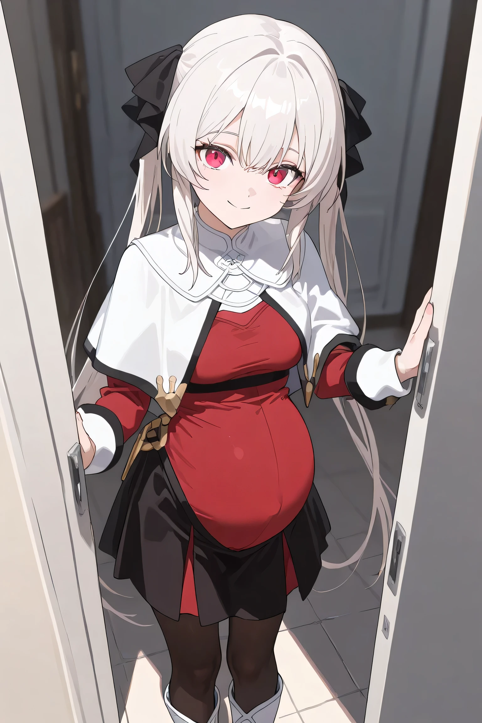 (Best quality, 4k, 8k, high resolution, masterpiece:1.2), ultra detailed, intricate details, beautiful girl, SOLO,  alone, long white hair, bangs, red colored eyes, small-medium breasts, perfect smooth skin, peeking at viewer, head tilted, (Pregnant:1.0), black ribbon hair, twin hair ribbon,  red fitted top, white capelet, short black skirt, black stockings, white boots, side view, smile lighly, 