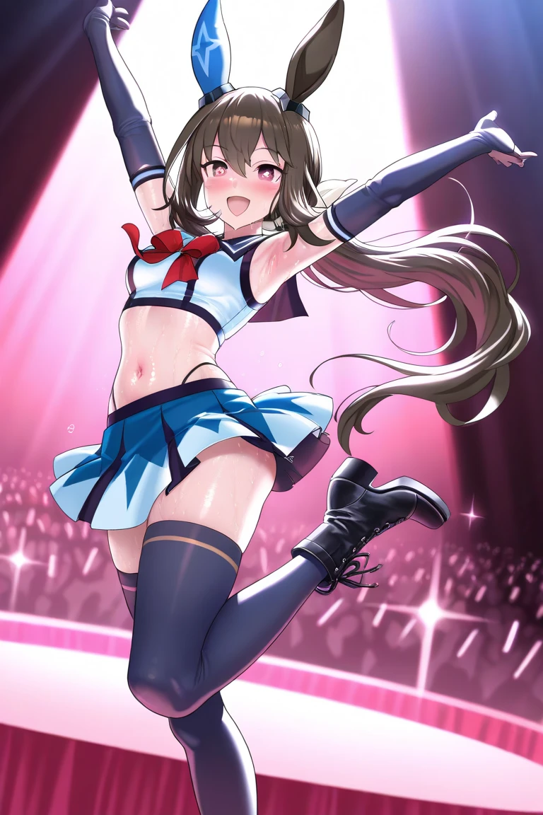 sexy dance show,rice shower \(umamusume\),good anatomy, masterpiece, best quality,realistic, hyperrealistic, 16k hdr,(Live Stage:1.2),(skirt lift,wind lift:1.4),Stage costumes,Horse tail,ultra miniskirt,navel,sweat,large breasts,upper body,red blush,erected nipples,from below,hat,show off panties