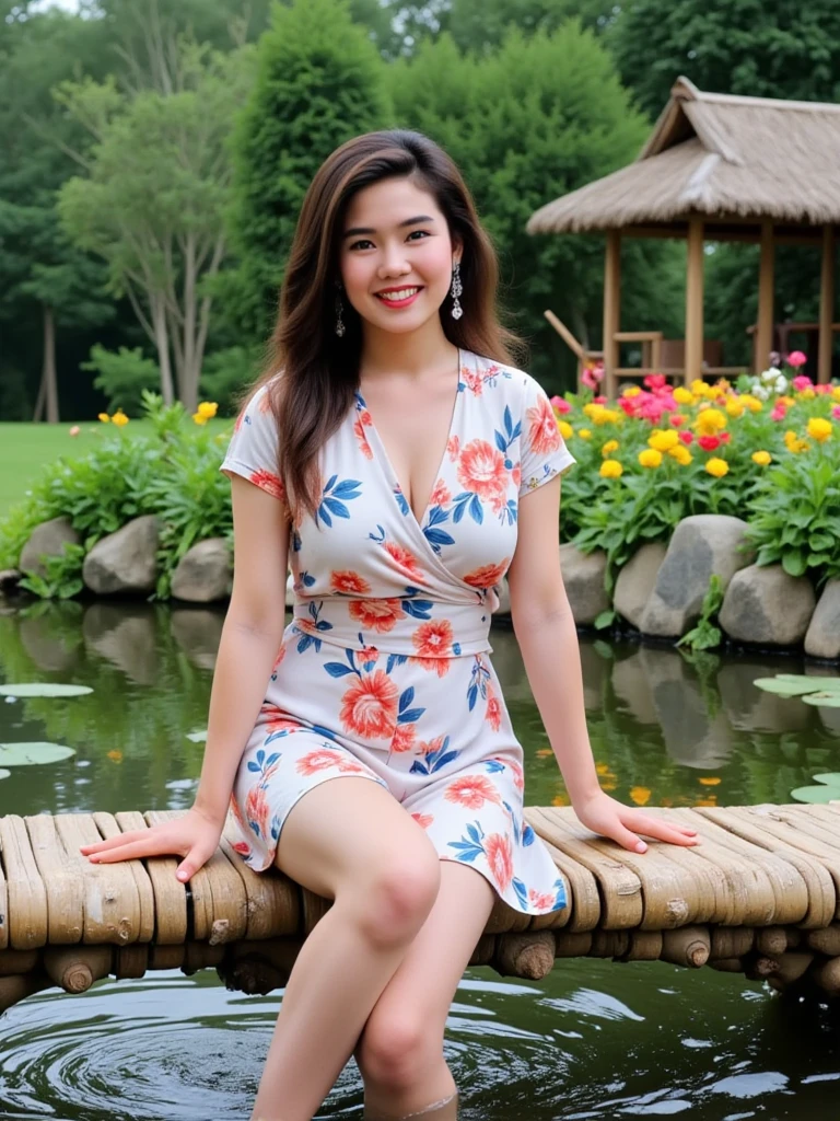 (best quality:1.2),(ultra detailed,highres,HDR,8k,3D,realistic,photorealistic,super fine,effects,official art,detailed background), (very happy smile,young,Japanese,detailed beautiful face), (Happy days),(round face,small face beauty), (dynamic pose:1.3), (head to thighs:1.5), (One-piece dress with a wide open chest: 1.3), (Large hat with a great design: 1.3), (One-piece dress swaying in the wind: 1.2), (Lace in some places), (Cleavage), (Big breasts)((Arch wrapped around fragrant roses), (Maze made of hedges full of roses), (Open garden with various types of roses blooming):1.3)