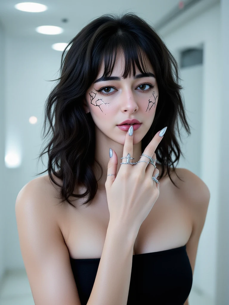 there is a woman sitting on a table with a cell phone, glamorous tifa lockheart, aeon flux style, tifa lockhart, tifa, tifa lockheart, style is a blend of æon flux, style mix of æon flux, 1 7 - year - old goth girl, seductive tifa lockhart portrait, wearing cyberpunk leather jacket