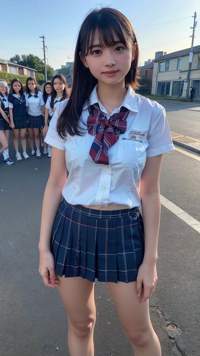 (highest quality,8K quality,masterpiece:1.3),(Ultra-high resolution,Photorealistic:1.4,RAW Photos),(Very detailed,Caustics,Detailed Background),(Ultra-Realistic Capture,Beautiful and detailed skin,Perfect Anatomy),At dusk,Sunset sky,School building,Schoolyard,18-year-old,cute,single eyelid,Black short bob,School Blazer Uniform,Looking at the camera,Laughter,Bust up shot,Natural soft light、((Panties:1.5))、((Open your knees:1.5))、