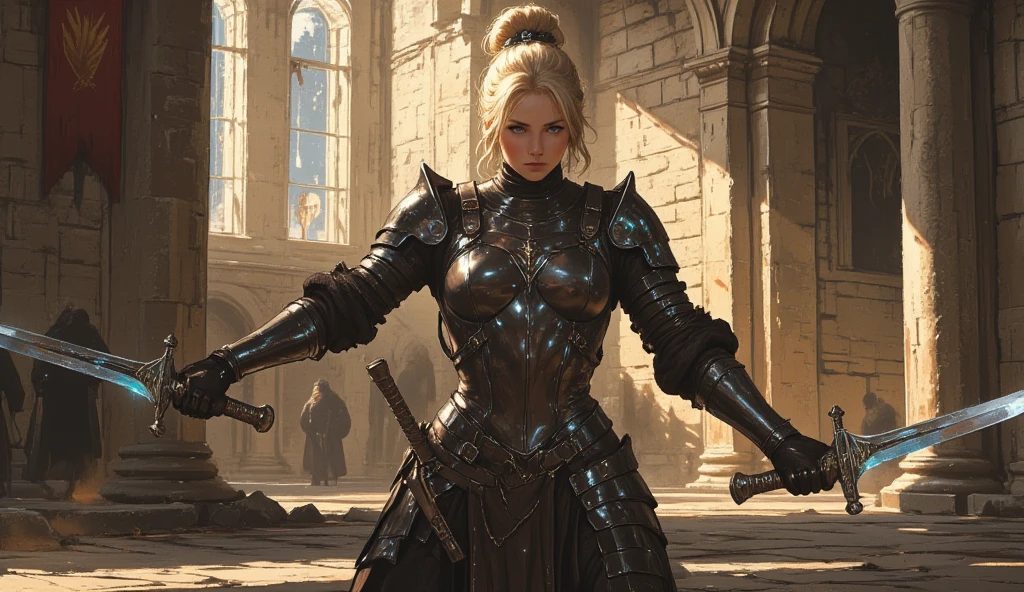 (Masterpiece, Superb Detail, Super Detailed, High Resolution), Male Focus, (((Female Armor))), (((Armor Dress Set))), (((Mask))), (She Has Long Blonde Hair, Medium Breasts, Slim, perfect body, beautiful face), look at viewer, (((white panty))), (((holding flame sword))), City Ruins, Background Details, Solo