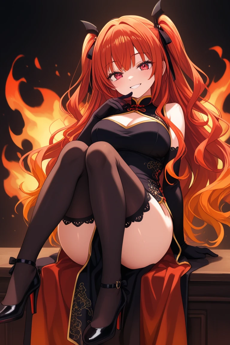 (masterpiece, best quality), 1girl, red hair, flaming hair, red eyes, flames, hands in flame, flame blade, red magic circle, red corset, black thighhighs, sidelighting, light particles, abstract, <lora:add_detail:1>
