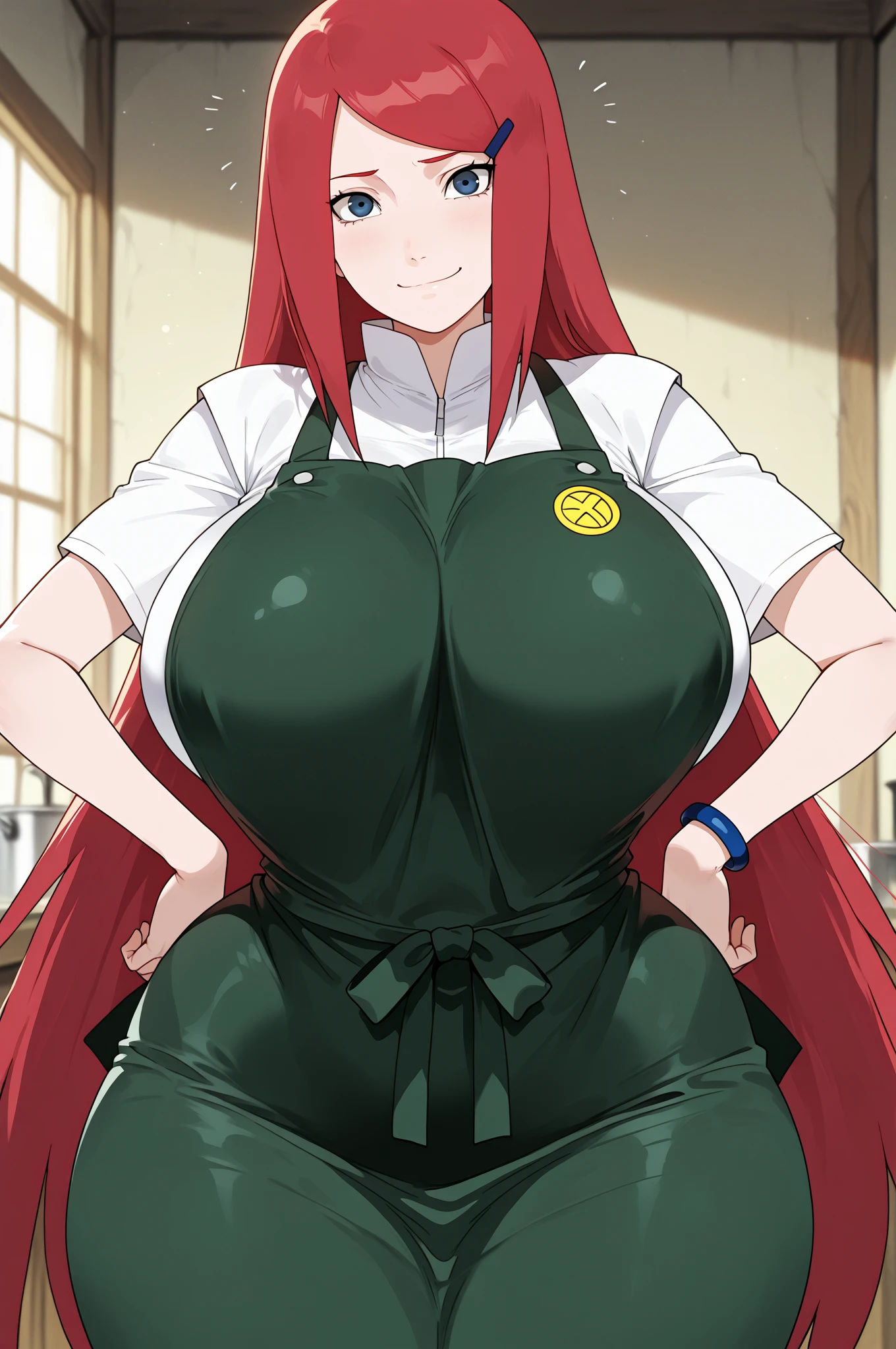 uzumaki_kushina, large_breasts, standing, solo, kushina_green_dress, masterpiece, best quality, detailed face, detailed eyes, highres,uzumaki_kushina, large_breasts, standing, solo, kushina_green_dress, green apron, long apron, beige dress, long dress, tight dress, sleeveless dress, (masterpiece:1.2, best quality), (finely detailed beautiful eyes: 1.2), ((1girl)), ((solo)), (brown eyes:1.4), (finely detailed eyes and detailed face:1.3), (beautiful and clear background:1.2), (extremely detailed CG, ultra-detailed, best shadow:1.1), ((depth of field)), ((watercolor)), large breasts, flowers and petals, beautiful concept illustration, (white background:0.5), (illustration:1.1), (extremely fine and beautiful:1.1), (perfect details:1.1), looking at viewer, smile, happy, blush, red hair, long hair, massive breasts, wide hips, thick thighs, indoors, kitchen, hard ,