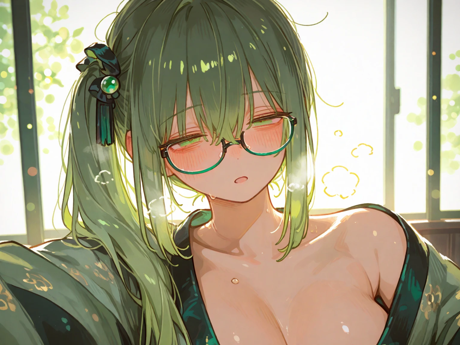 blush, smileglowing aura, natural light, masterpiece,  glossy skin, juicy lips , ,sexy, hot, evil,juicy lips hour glass, , juicy lips, , slender body, small , huge ass, green hair, lab coat,  massive huge overflowing , stern eyes, scowl, glasses, standing, messy hair, pony tail, crouch in front of camera,.scowl, evil grin, staring at viewer, big 