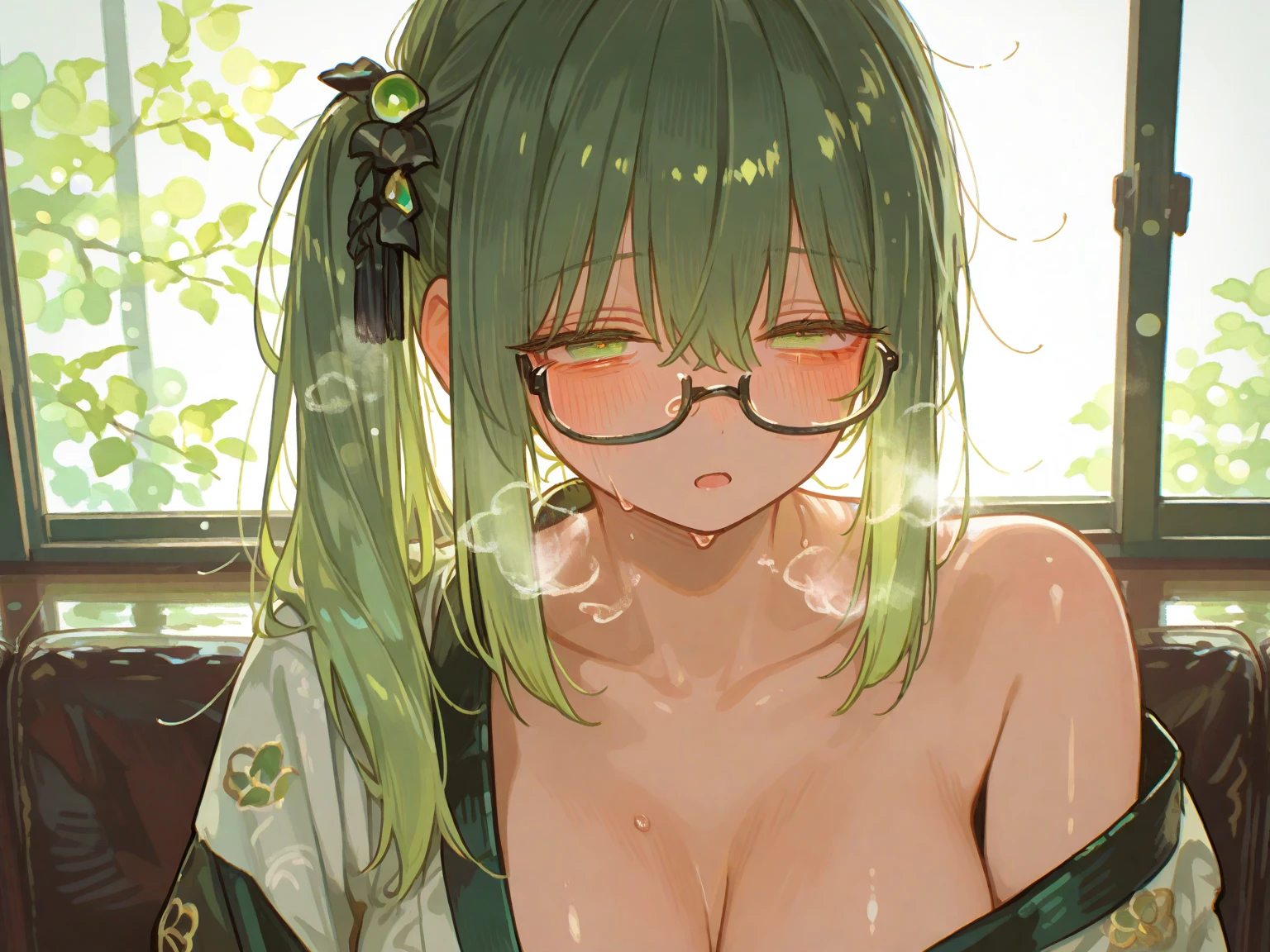 flat chests, nsfw, masterpiece, 1 girl, erect nipples, intricately detailed, topless, navel, bare shoulders, necklace, mint green hair, embarrassed, brown skirt, head scarf, round glasses, extremely detailed, photorealistic, octane render, 8 k, unreal engine, bare breasts, puffy nipples, green eyes, carrying book, yawning, fantasy, enchanted, book, herbs, magical, mage, bare stomach, sweaty, child, arm strap, full body, sitting, alchemist, open mouth, scared, green house, potions, plants, vegetables, potion bottle, casks, pink smoke, liquid potion, waist pouch, long skirt, sarong