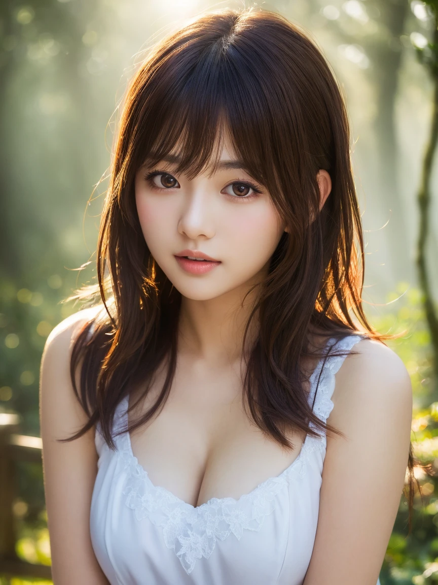 masterpiece, highest quality, High resolution, table top、wallpaper, realistic, bright lighting, professional lighting, face light, smooth lighting, japanese girl, cute, sad expression, Beautiful girl, gravure, sexy, super beautiful, beautiful skin, beautiful and detailed eyes、detailed face、slim、moderately、Medium hair, brunette colored hair, brown eyes, looking away, bandeau top, The morning sunlight shines through the misty forest.